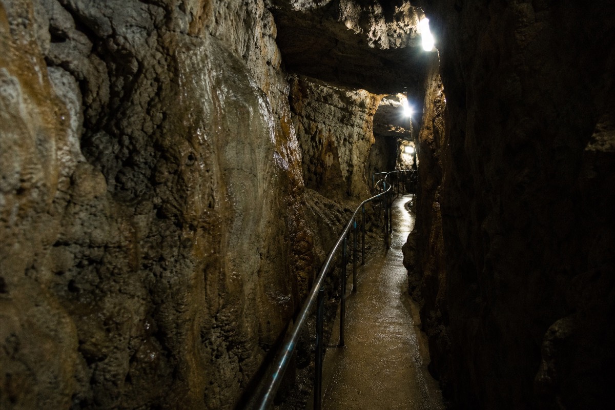 An empty narrow cave walkway with a queue rail and formed concrete path under low lighting